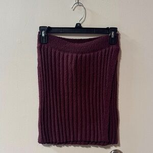 Free People Ribbed Knit Stretchy Mini Skirt with Side Slit - Burgundy S